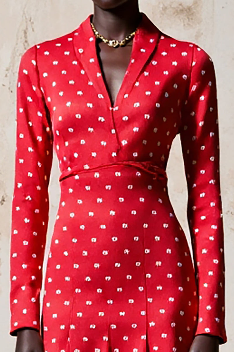 Laden Sie das Bild in den Galerie-Viewer, Rotes A Linie Langärmeliges Polka Dot Kleid
