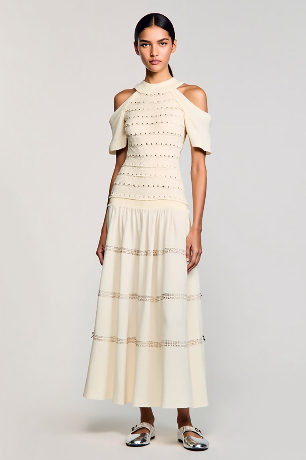 Aprikose Kalte Schulter A Linie Hochzeitsgastkleid