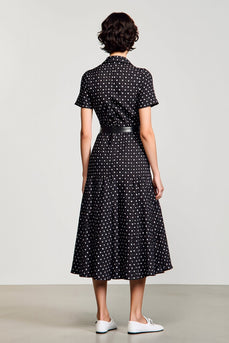 Schwarzes Polokragen A-Linie Polka Dot Kleid