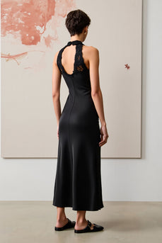 Schwarzes Neckholder Hochzeitsgastkleid mit Spitze