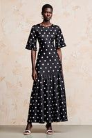 Laden Sie das Bild in den Galerie-Viewer, Schwarzes A-Linie Polka Dots Kleid mit kurzen Ärmeln und Tupfen