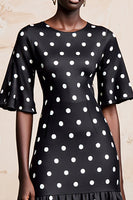 Laden Sie das Bild in den Galerie-Viewer, Schwarzes A-Linie Polka Dots Kleid mit kurzen Ärmeln und Tupfen