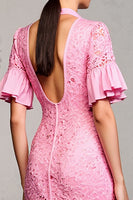 Laden Sie das Bild in den Galerie-Viewer, Rosa Brautkleid mit Spitzenrevers und Rüschen