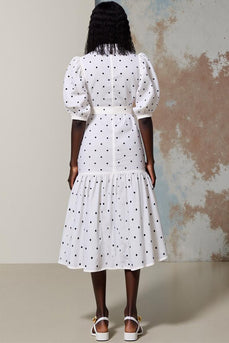 Weißes A-Linie Mid Polka-Dot Kleid mit Gürtel