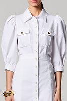 Laden Sie das Bild in den Galerie-Viewer, Weißes Einreihiges Hochzeitsgastkleid mit halben Ärmeln