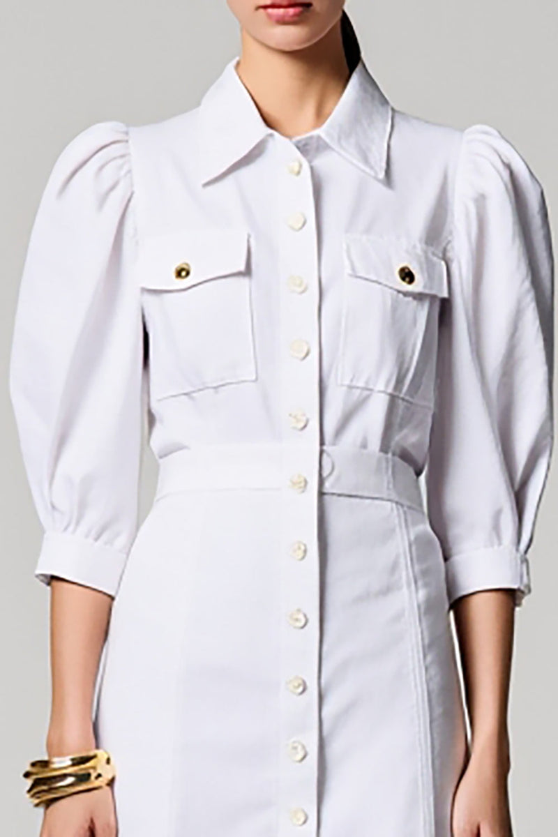 Laden Sie das Bild in den Galerie-Viewer, Weißes Einreihiges Hochzeitsgastkleid mit halben Ärmeln