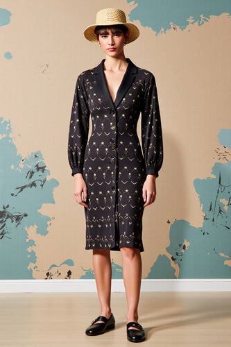 Schwarzes Geblümtes Midikleid für Hochzeitsgäste mit gekerbtem Revers