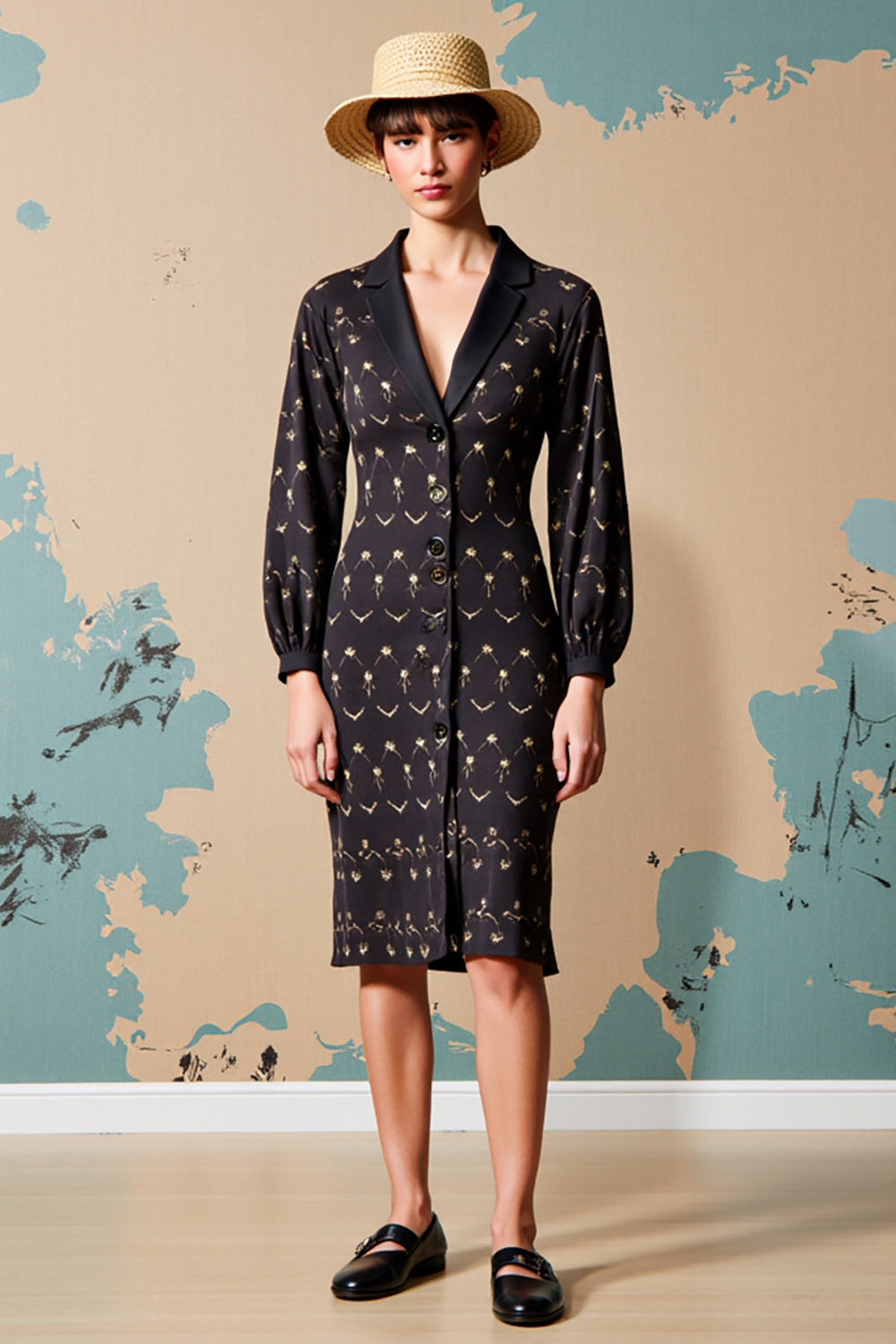 Schwarzes Geblümtes Midikleid für Hochzeitsgäste mit gekerbtem Revers