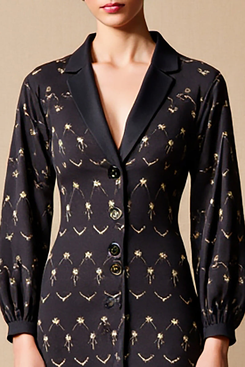 Laden Sie das Bild in den Galerie-Viewer, Schwarzes Geblümtes Midikleid für Hochzeitsgäste mit gekerbtem Revers