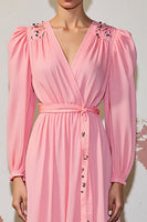 Laden Sie das Bild in den Galerie-Viewer, Rosa A Linie Langarm Kleid für Hochzeitsgäste mit Gürtel