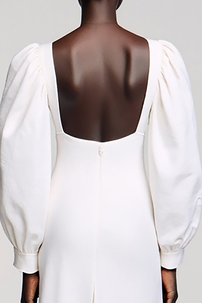 Laden Sie das Bild in den Galerie-Viewer, Weißes A-Linie Hochzeitsgastkleid mit langen Ärmeln