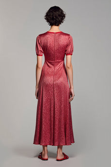 Rotes Langes Hochzeitsgastkleid aus Satin mit V-Ausschnitt und Ärmeln