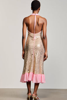 Glitzerndes Champagner Etui Langes Hochzeitsgastkleid