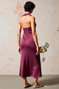 Burgundy Langes Hochzeitsgastkleid aus Satin mit Rüschen