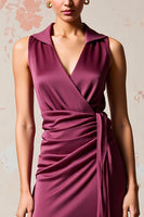 Laden Sie das Bild in den Galerie-Viewer, Burgundy Langes Hochzeitsgastkleid aus Satin mit Rüschen