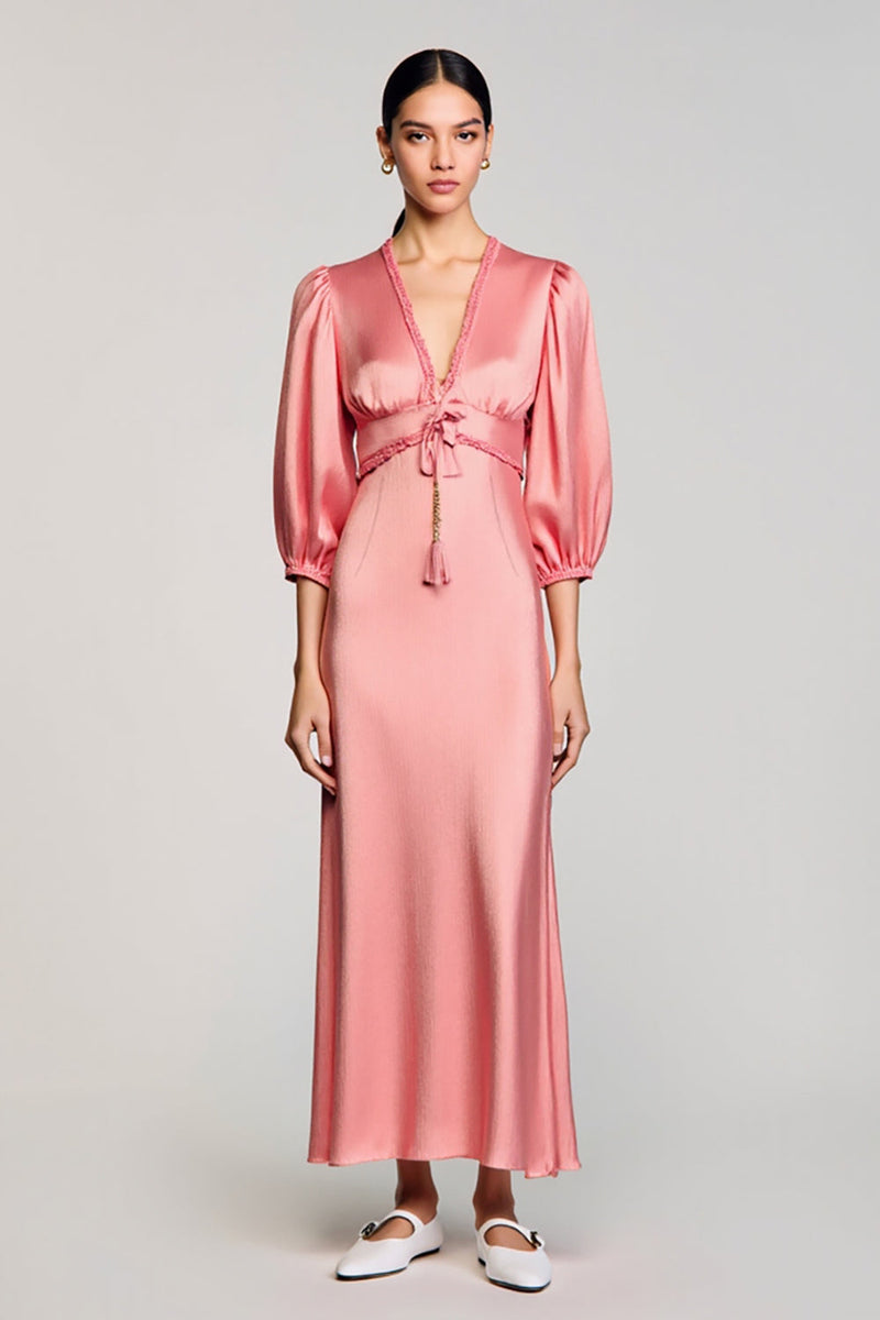 Laden Sie das Bild in den Galerie-Viewer, Rosa Satin Etui V-Ausschnitt Hochzeitsgastkleid mit Ärmeln