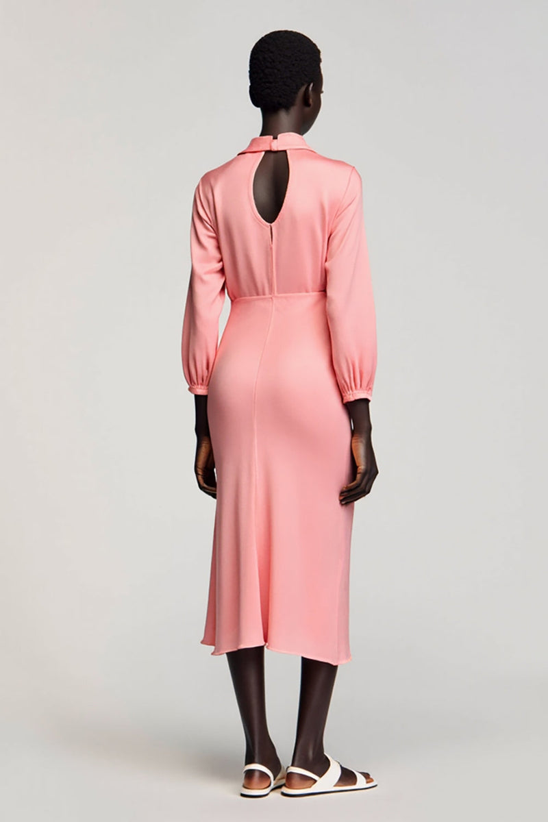 Laden Sie das Bild in den Galerie-Viewer, Rosa Satin Gerafftes Hochzeitsgastkleid mit Schleife