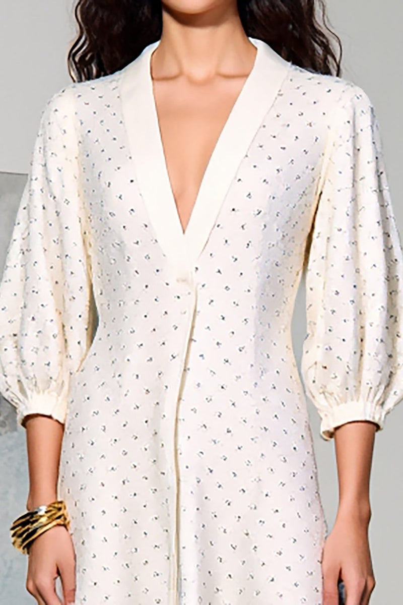 Laden Sie das Bild in den Galerie-Viewer, Elfenbein A-Linie Hochzeitsgastkleid mit langen Ärmeln