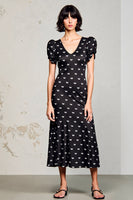 Laden Sie das Bild in den Galerie-Viewer, Schwarzes Langes Hochzeitskleid aus Satin mit V-Ausschnitt und Ärmeln