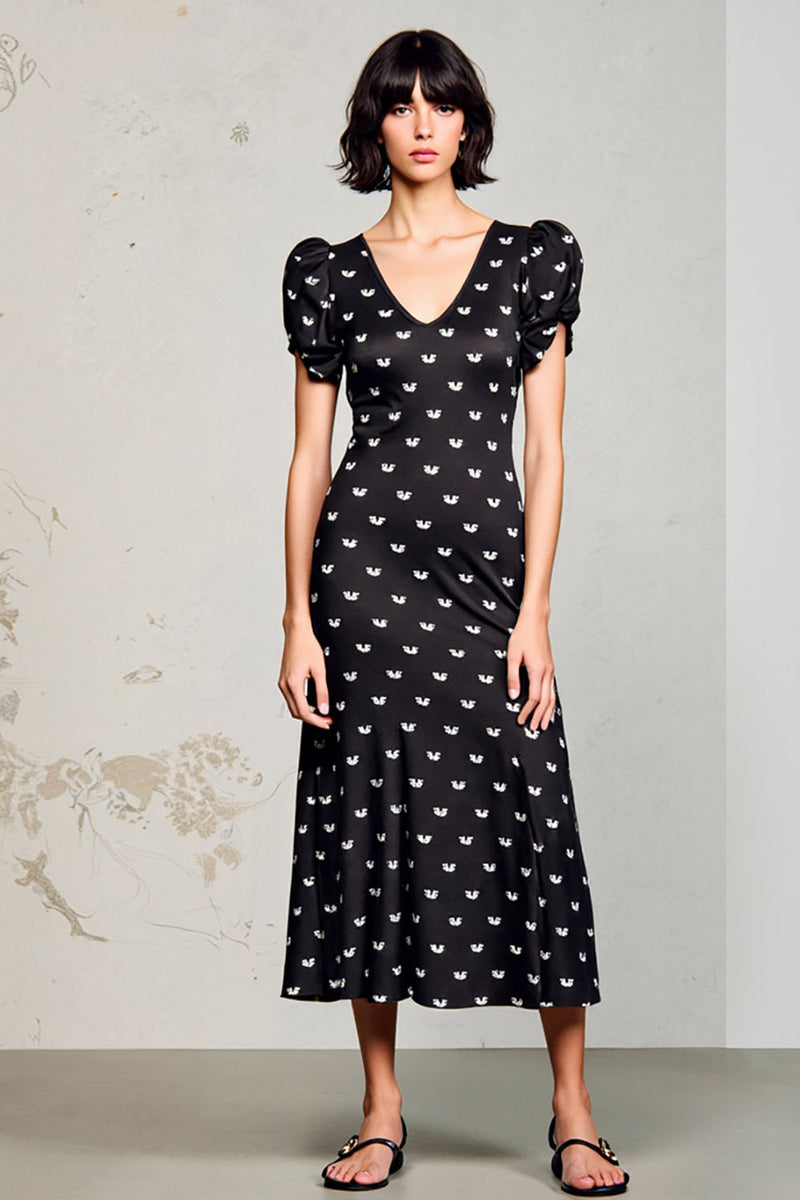 Laden Sie das Bild in den Galerie-Viewer, Schwarzes Langes Hochzeitskleid aus Satin mit V-Ausschnitt und Ärmeln