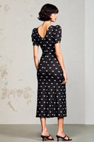 Laden Sie das Bild in den Galerie-Viewer, Schwarzes Langes Hochzeitskleid aus Satin mit V-Ausschnitt und Ärmeln