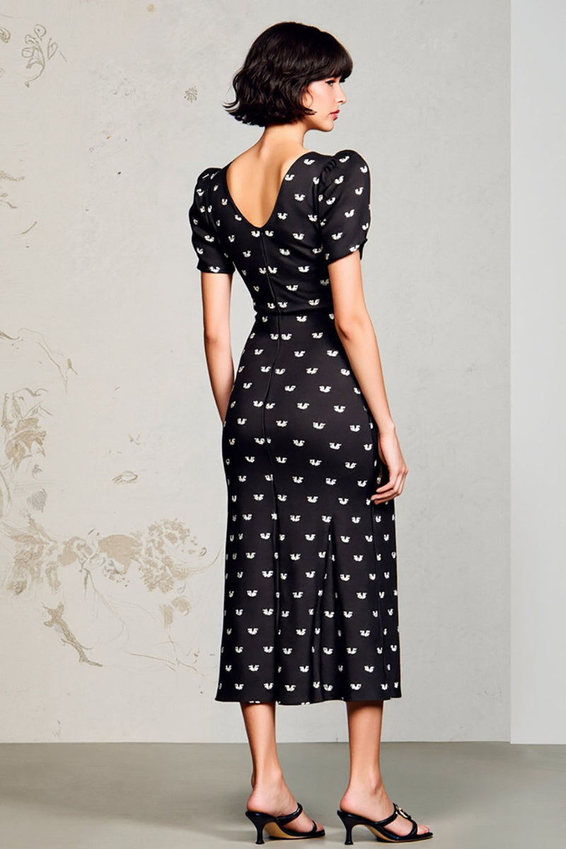 Laden Sie das Bild in den Galerie-Viewer, Schwarzes Langes Hochzeitskleid aus Satin mit V-Ausschnitt und Ärmeln