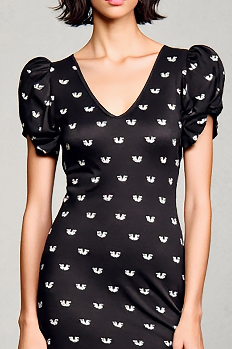 Laden Sie das Bild in den Galerie-Viewer, Schwarzes Langes Hochzeitskleid aus Satin mit V-Ausschnitt und Ärmeln