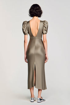 Olive Satin Puffärmel Langes Hochzeitsgastkleid