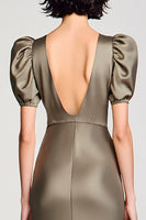 Laden Sie das Bild in den Galerie-Viewer, Olive Satin Puffärmel Langes Hochzeitsgastkleid