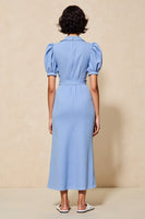 Laden Sie das Bild in den Galerie-Viewer, Blaues Etuikleid mit gekerbtem Revers und Ärmeln