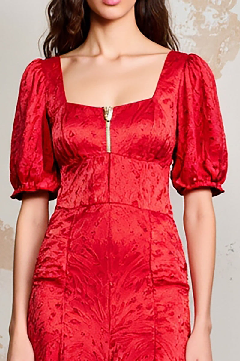 Laden Sie das Bild in den Galerie-Viewer, Rotes Satin Langes Hochzeitsgastkleid mit quadratischem Ausschnitt