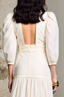 Laden Sie das Bild in den Galerie-Viewer, Elfenbein Kleid für Hochzeitsgäste mit V-Ausschnitt und langen Ärmeln