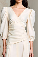 Laden Sie das Bild in den Galerie-Viewer, Elfenbein Kleid für Hochzeitsgäste mit V-Ausschnitt und langen Ärmeln