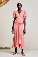 Laden Sie das Bild in den Galerie-Viewer, Rosa Etui Gerafftes Puffärmel Langes Hochzeitsgästekleid