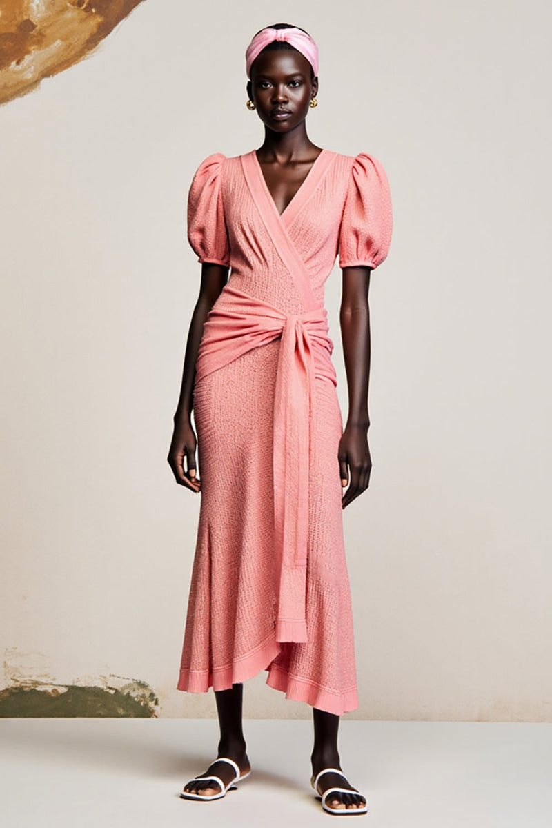 Laden Sie das Bild in den Galerie-Viewer, Rosa Etui Gerafftes Puffärmel Langes Hochzeitsgästekleid