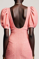 Laden Sie das Bild in den Galerie-Viewer, Rosa Etui Gerafftes Puffärmel Langes Hochzeitsgästekleid