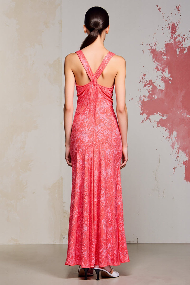 Laden Sie das Bild in den Galerie-Viewer, Rosa Etui Gerafftes Langes Hochzeitsgastkleid