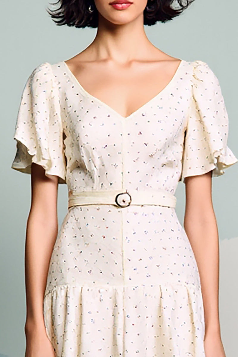 Laden Sie das Bild in den Galerie-Viewer, Elfenbein Hochzeitsgastkleid mit Rüschen in A-Linie