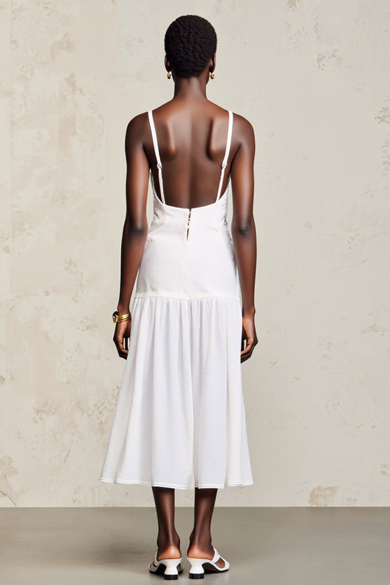 Laden Sie das Bild in den Galerie-Viewer, Weißes A-Linie Midikleid für Hochzeitsgäste mit Spitze