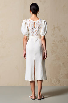 Elfenbein Etui Hochzeitsgästekleid mit Puffärmeln