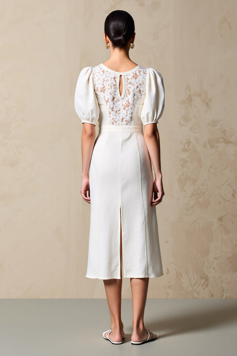 Laden Sie das Bild in den Galerie-Viewer, Elfenbein Etui Hochzeitsgästekleid mit Puffärmeln