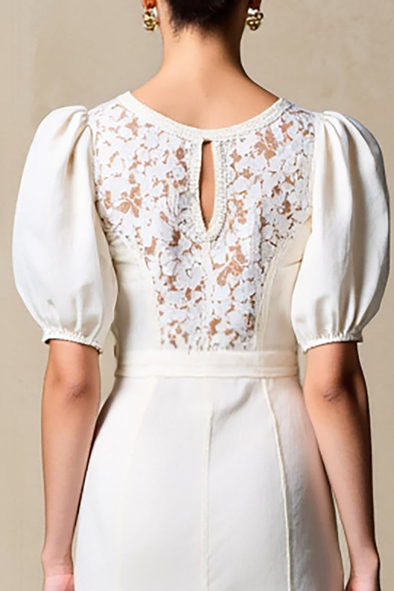 Laden Sie das Bild in den Galerie-Viewer, Elfenbein Etui Hochzeitsgästekleid mit Puffärmeln