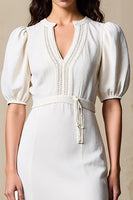 Laden Sie das Bild in den Galerie-Viewer, Elfenbein Etui Hochzeitsgästekleid mit Puffärmeln