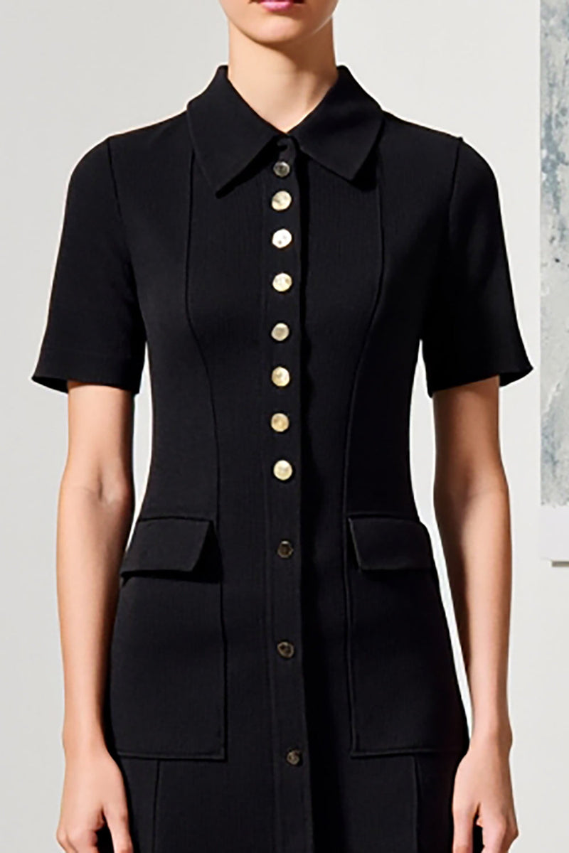 Laden Sie das Bild in den Galerie-Viewer, Schwarzes A-Linie Hochzeitsgastkleid mit Kragen und Ärmeln