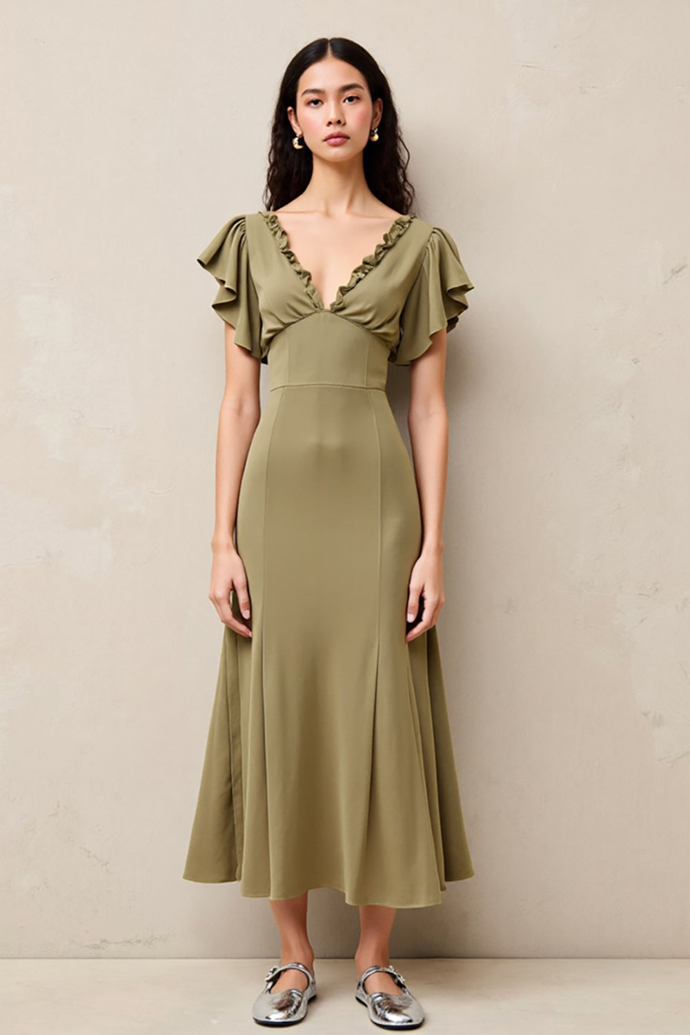 Olive A Linie Langes Hochzeitsgastkleid mit Rüschen