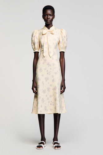 Elfenbein Satin Midi Kleid für Hochzeitsgäste mit Ärmeln