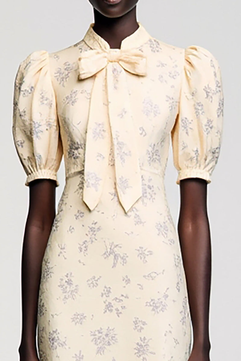 Laden Sie das Bild in den Galerie-Viewer, Elfenbein Satin Midi Kleid für Hochzeitsgäste mit Ärmeln