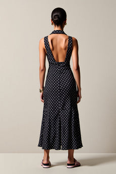Schwarzes Polka Dot Langes Chiffon Hochzeitsgastkleid