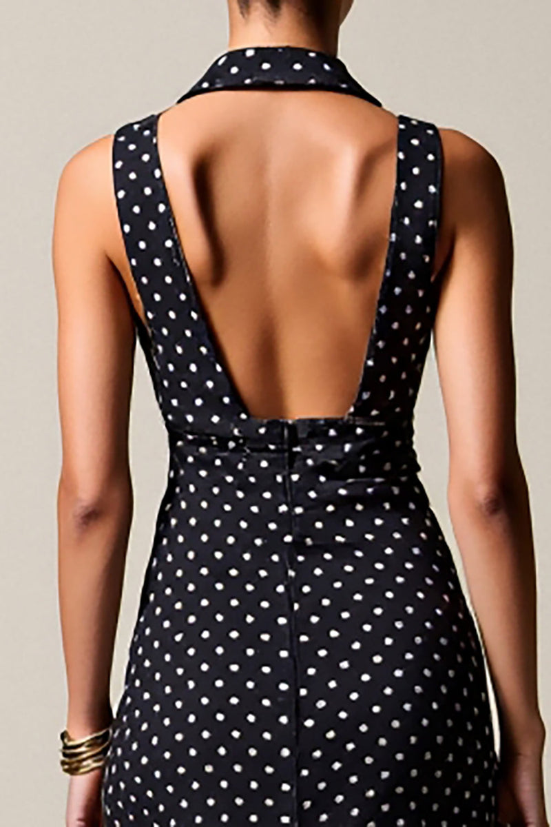 Laden Sie das Bild in den Galerie-Viewer, Schwarzes Polka Dot Langes Chiffon Hochzeitsgastkleid
