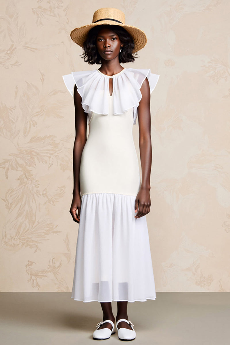 Laden Sie das Bild in den Galerie-Viewer, Weißes Langes Hochzeitskleid aus Tüll mit Rüschen